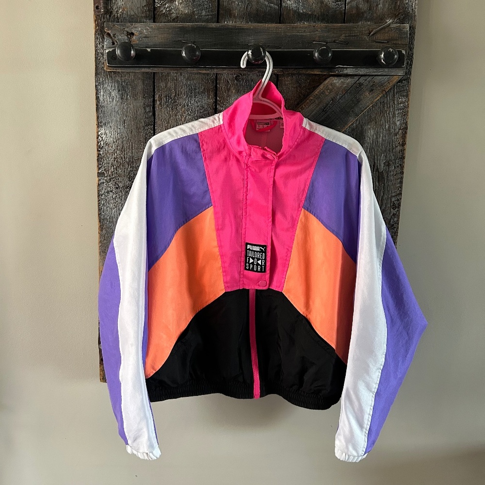 Women's Vintage Puma Full Zipper Light Weight Cropped Colour Block Jacket